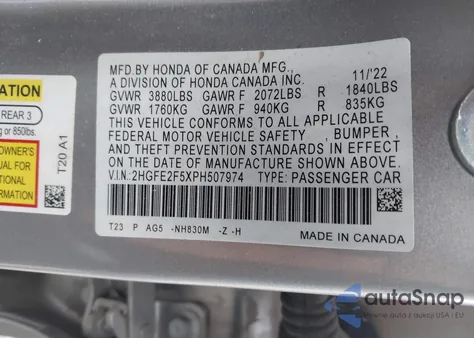 2023 Honda Civic Sport z USA, uszkodzony, nr VIN 2HGFE2F5XPH507974